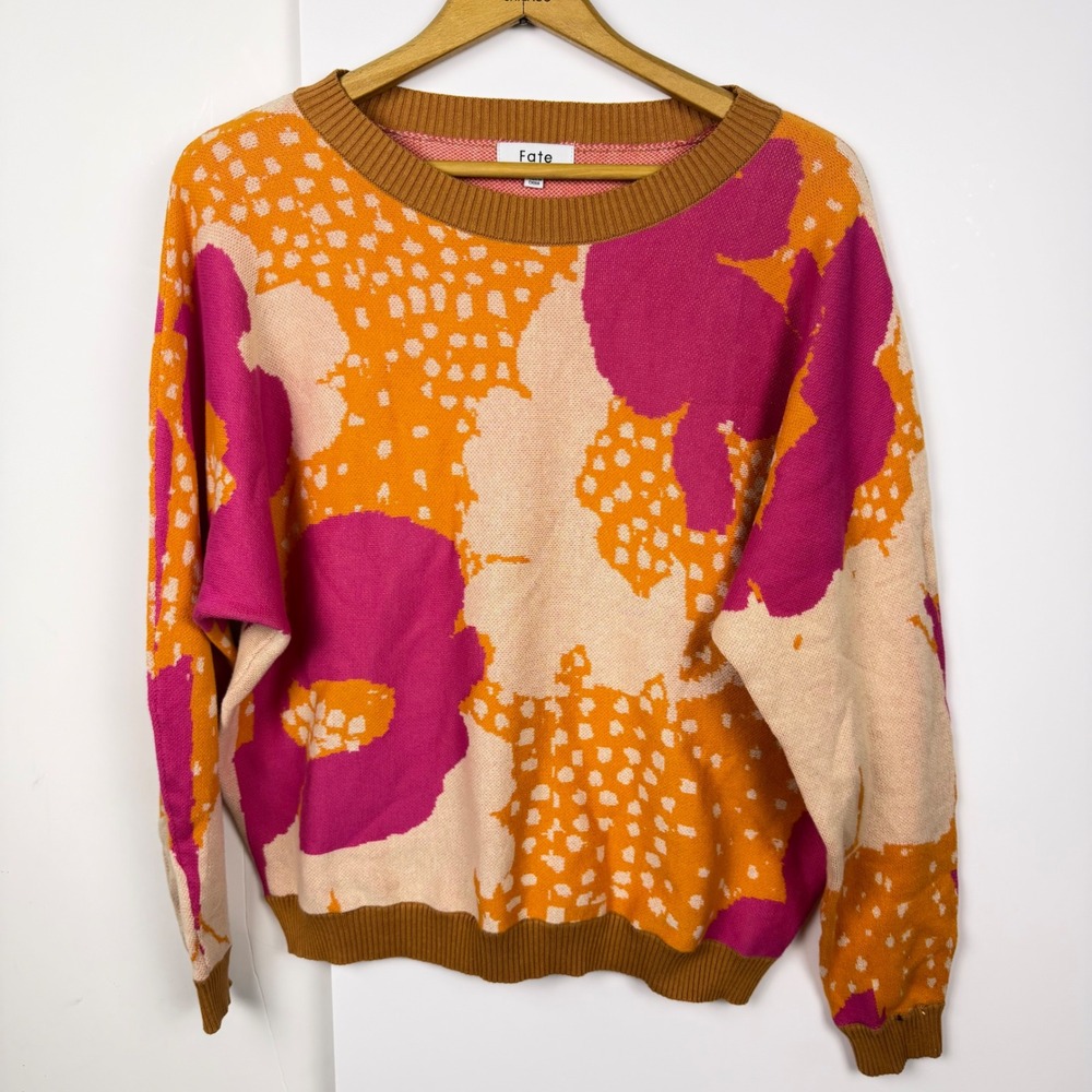 Fate Womens Abstract Floral Cotton Knit Sweater Pink Orange Tan Crew Neck Size M